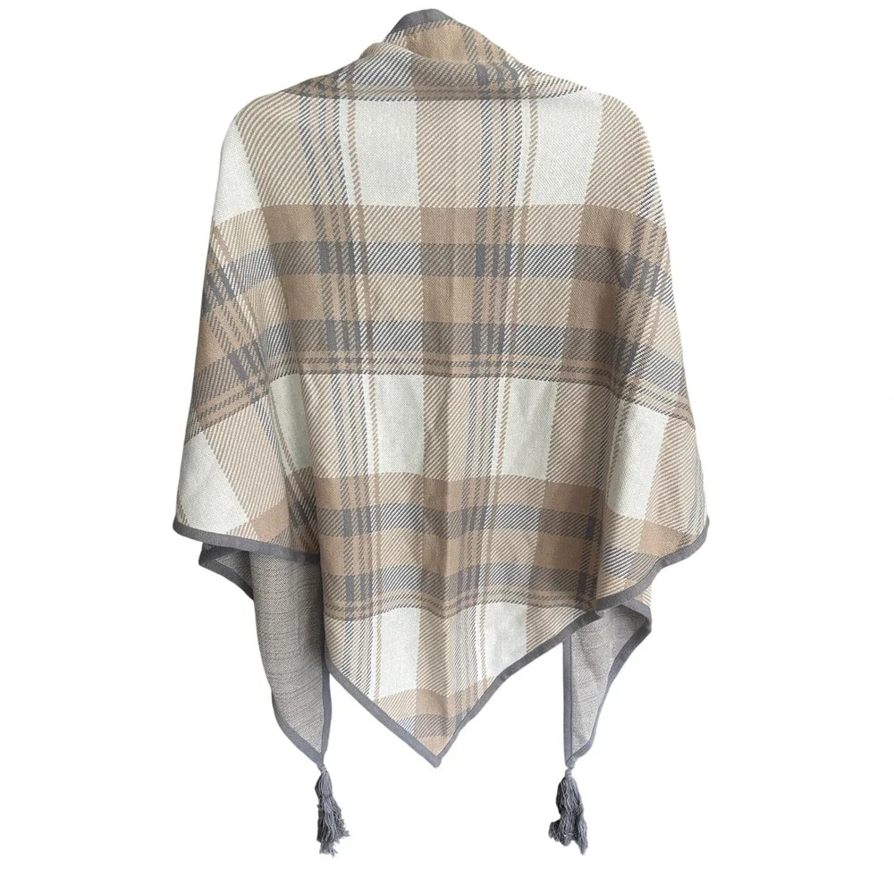 NWT Charter Club Alpine Chalet Plaid Wrap Scarf Tassel Tan Cream Grey One Size